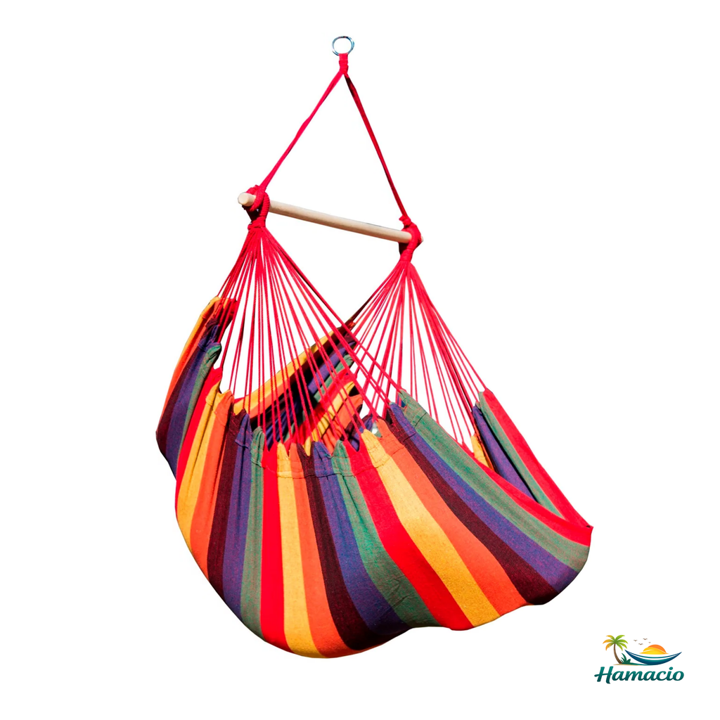fauteuil suspendu rouge et multicolore hamacio