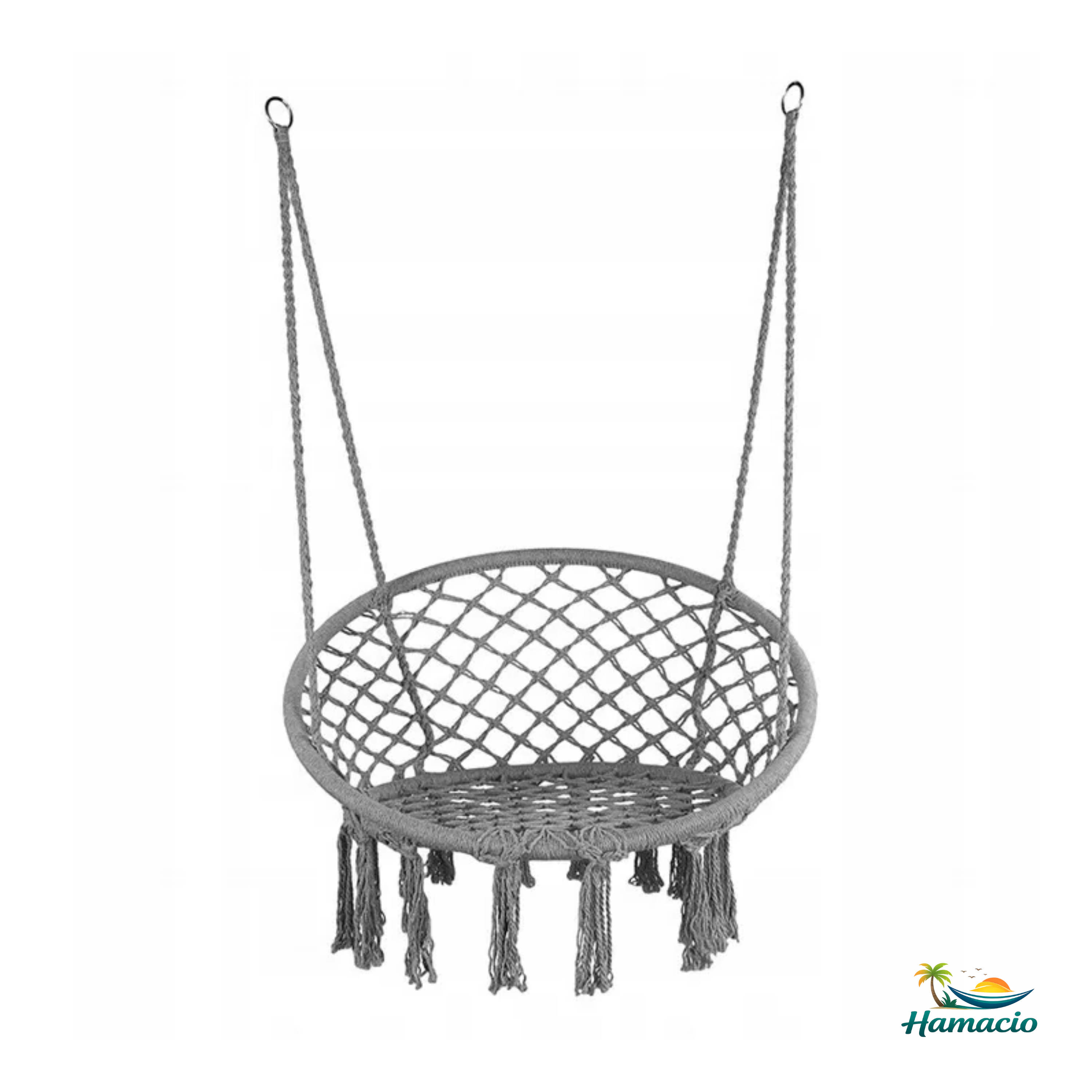 Fauteuil suspendu macramé gris de chez Hamacio 