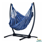 Hamac suspendu bleu de hamacio, rayé bleu et blanc, support gris graphite
