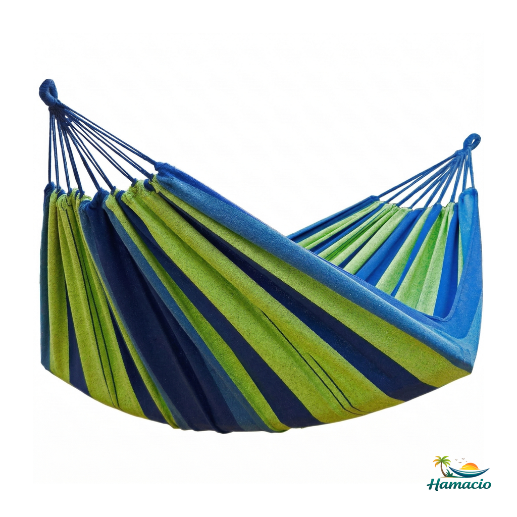 hamac double vert et bleu de la collection horizonte de hamacio en taille 220x160 
