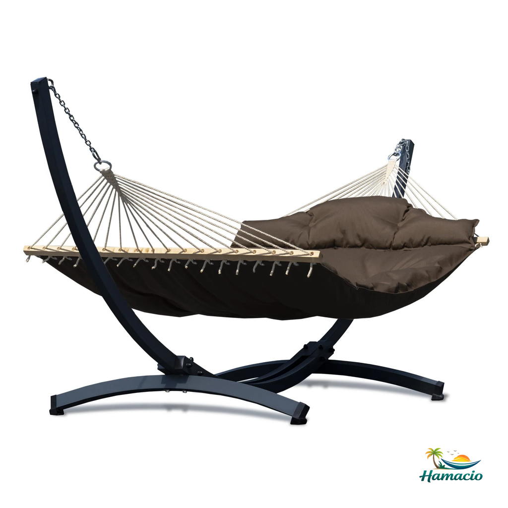 Hamac sur pied marron XL, pieds couleur graphite. 