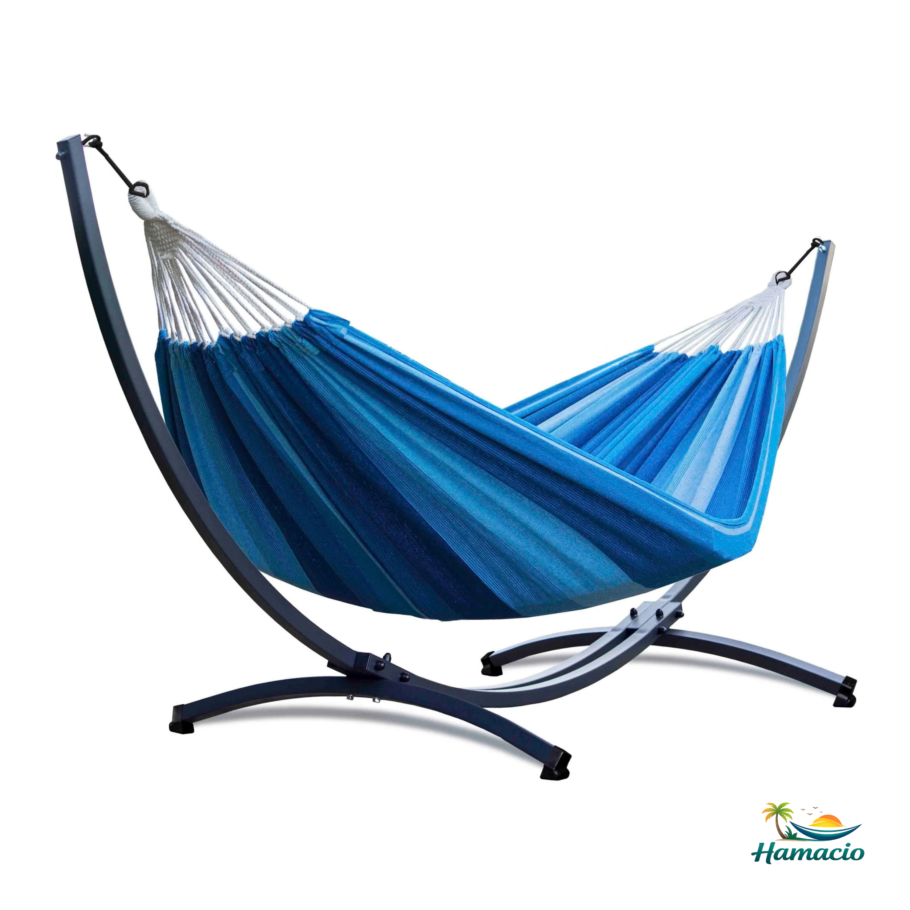 Hamac sur pied duo bleu, modèle Horizonte de Hamacio avec un support gris graphite.