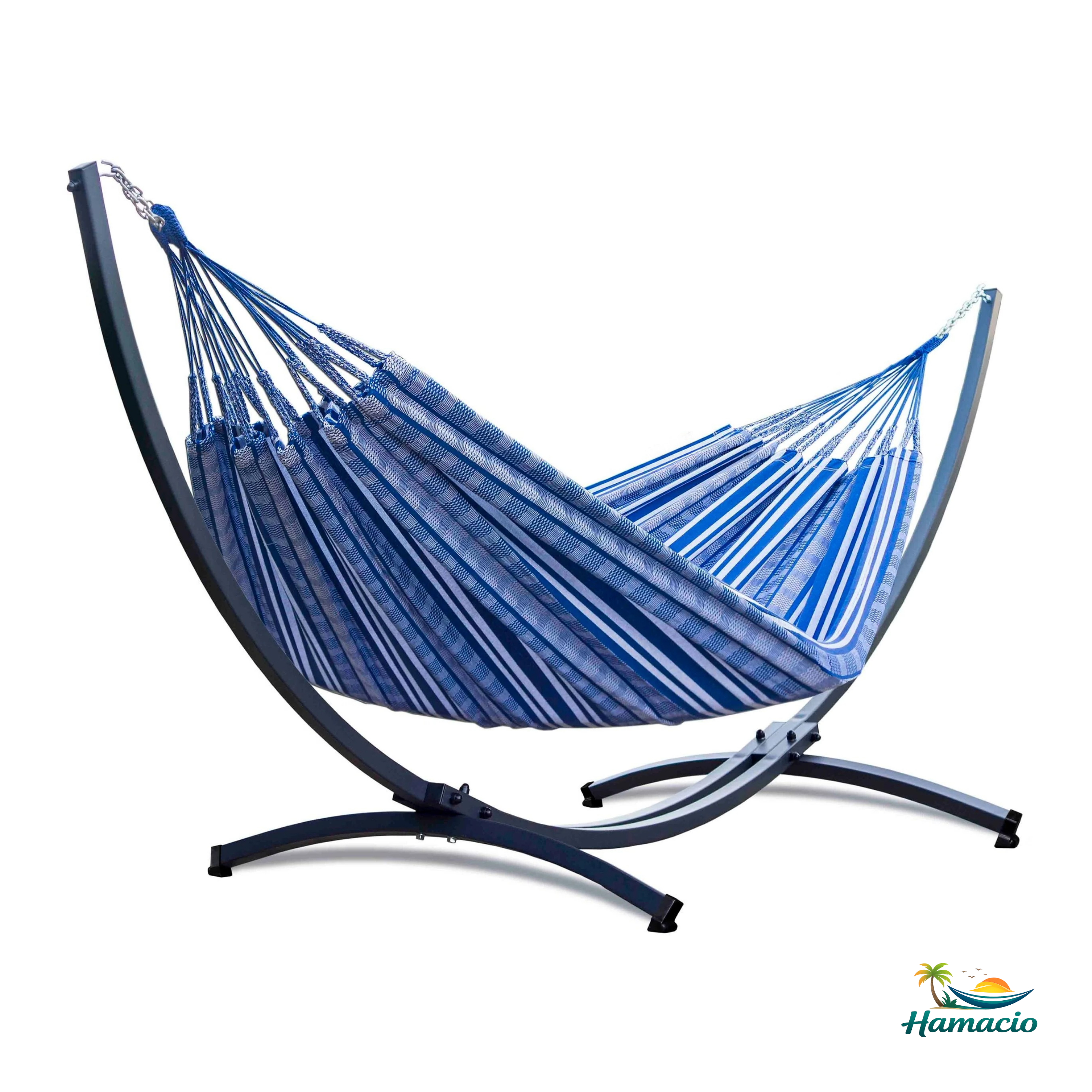 Hamac sur pied duo bleu, modèle Colombiano de Hamacio avec un support gris graphite.