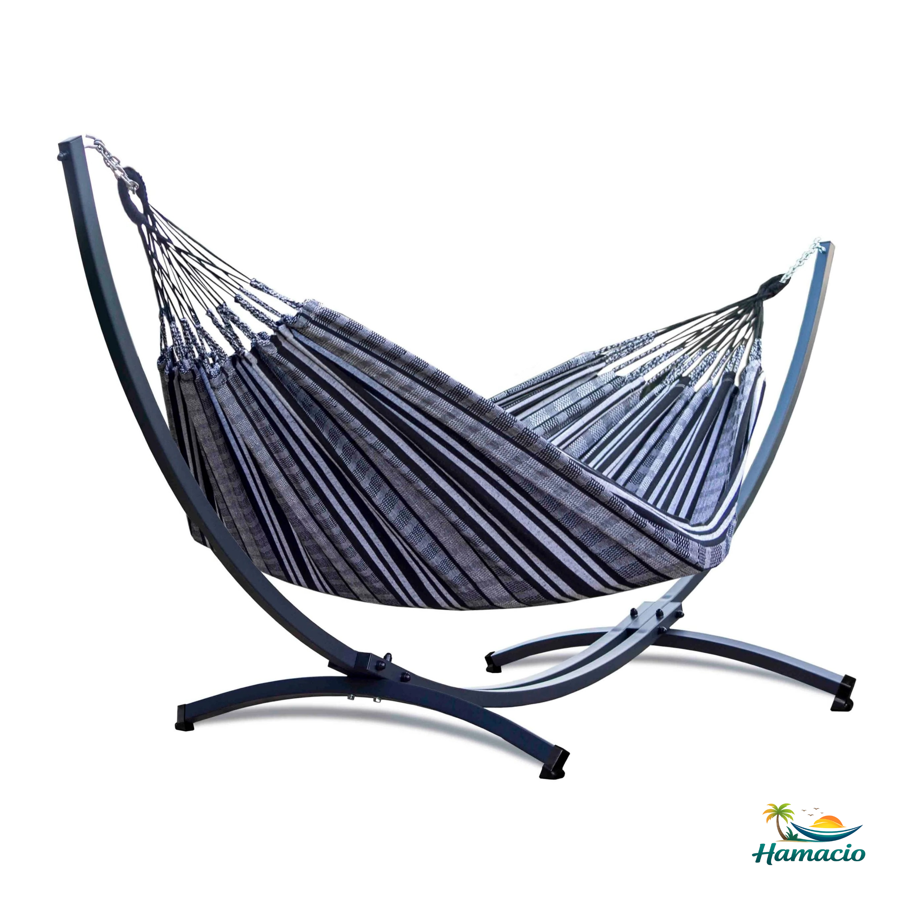 Hamac sur pied duo noir, modèle Colombiano de Hamacio avec un support gris graphite.