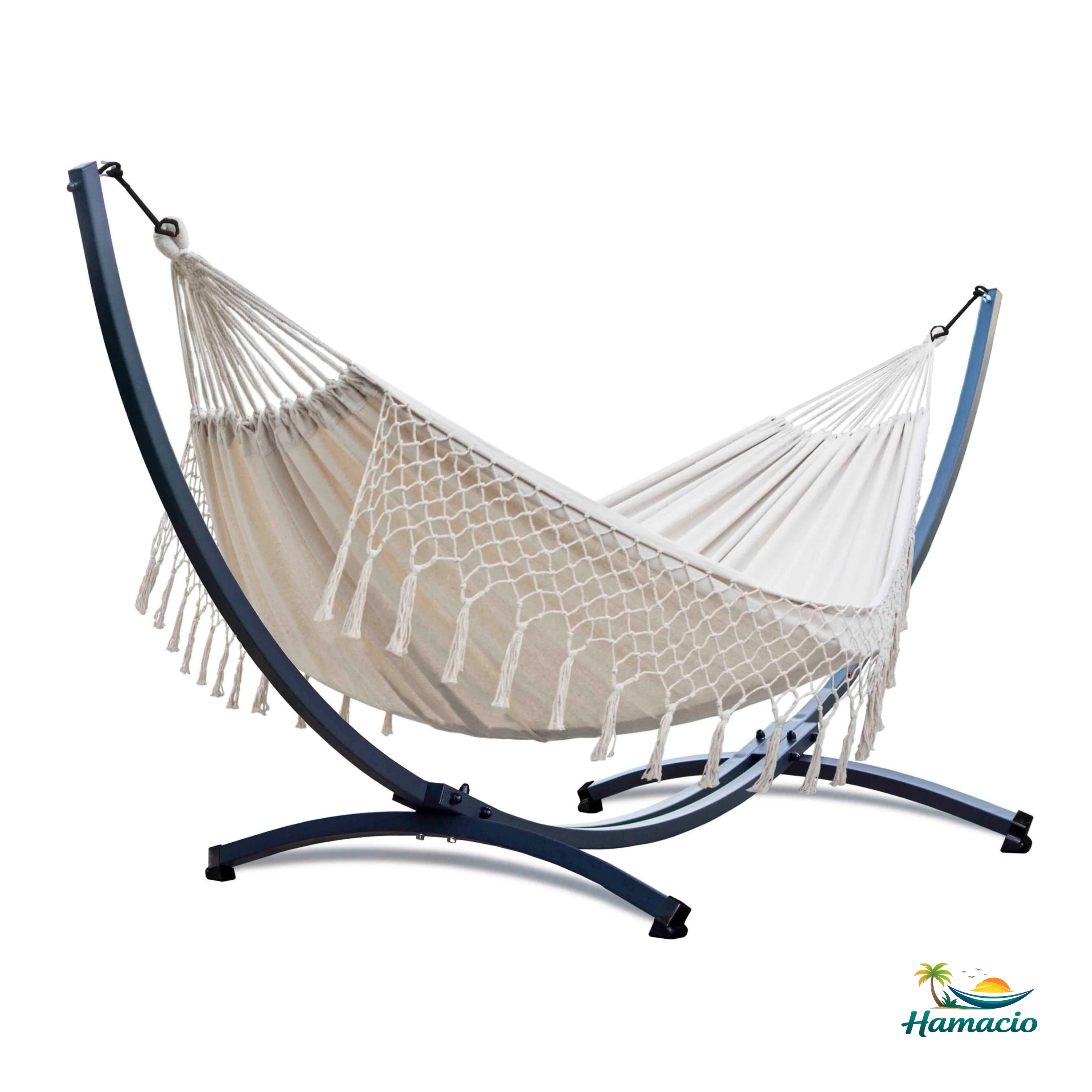 Hamac sur pied duo beige, modèle Macramé de Hamacio avec un support gris graphite.