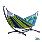 Hamac sur pied duo vert, modèle Horizonte de Hamacio avec un support gris graphite.