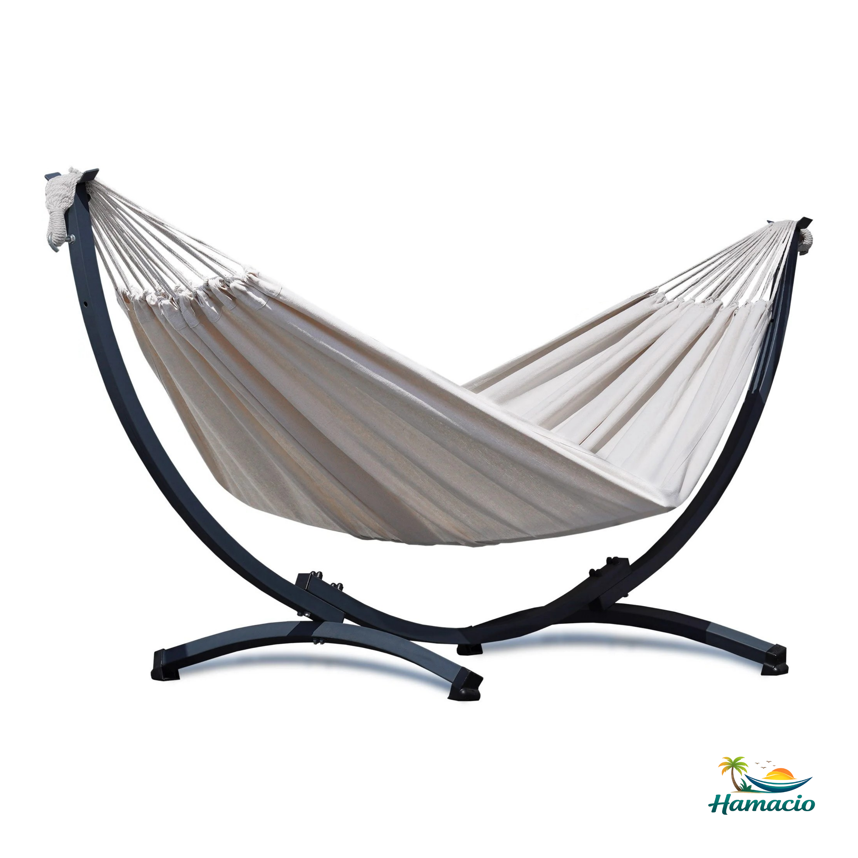 hamac sur pied solo beige, modèle Suave de Hamacio. Support gris graphite.