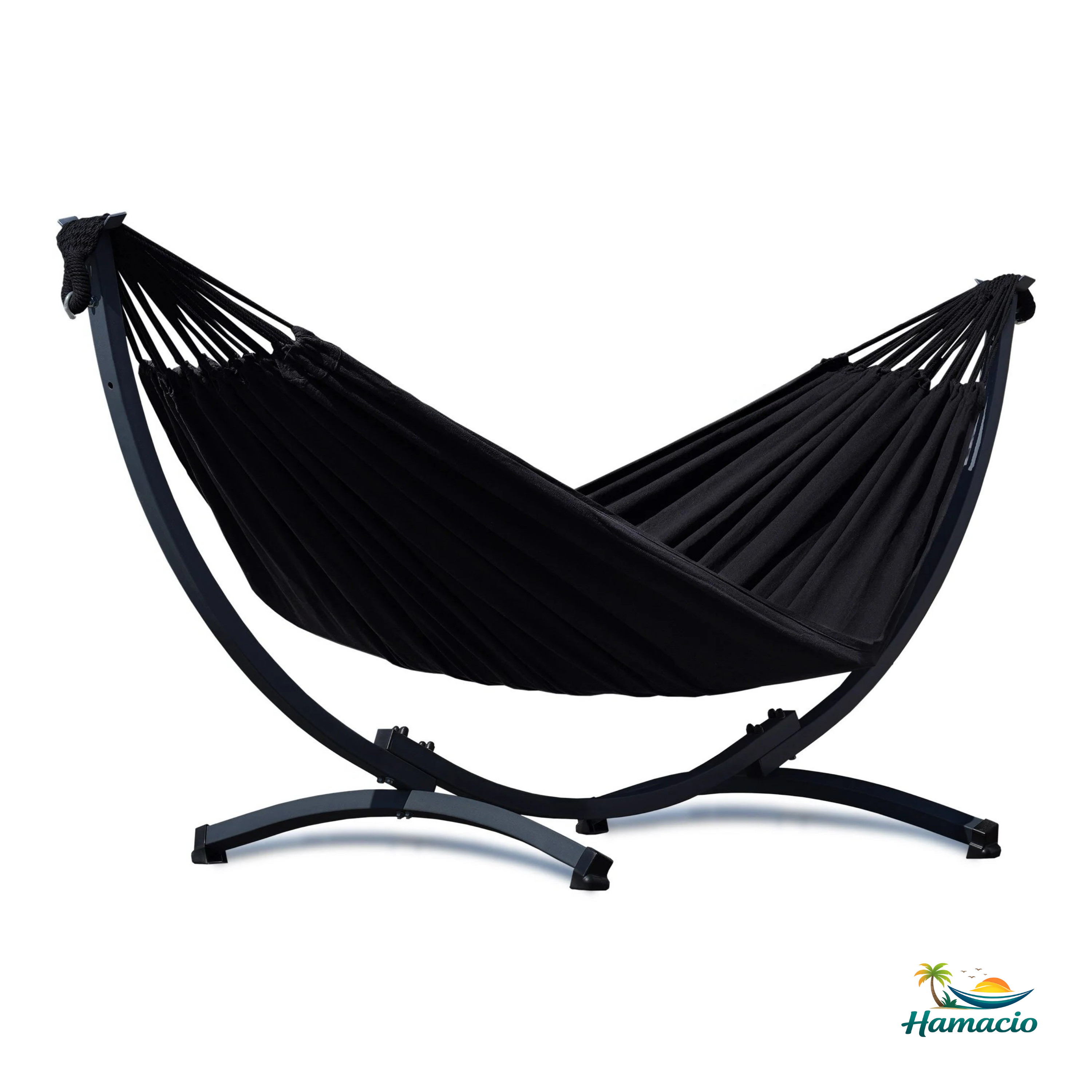 hamac sur pied solo noir, modèle Suave de Hamacio. Support gris graphite.