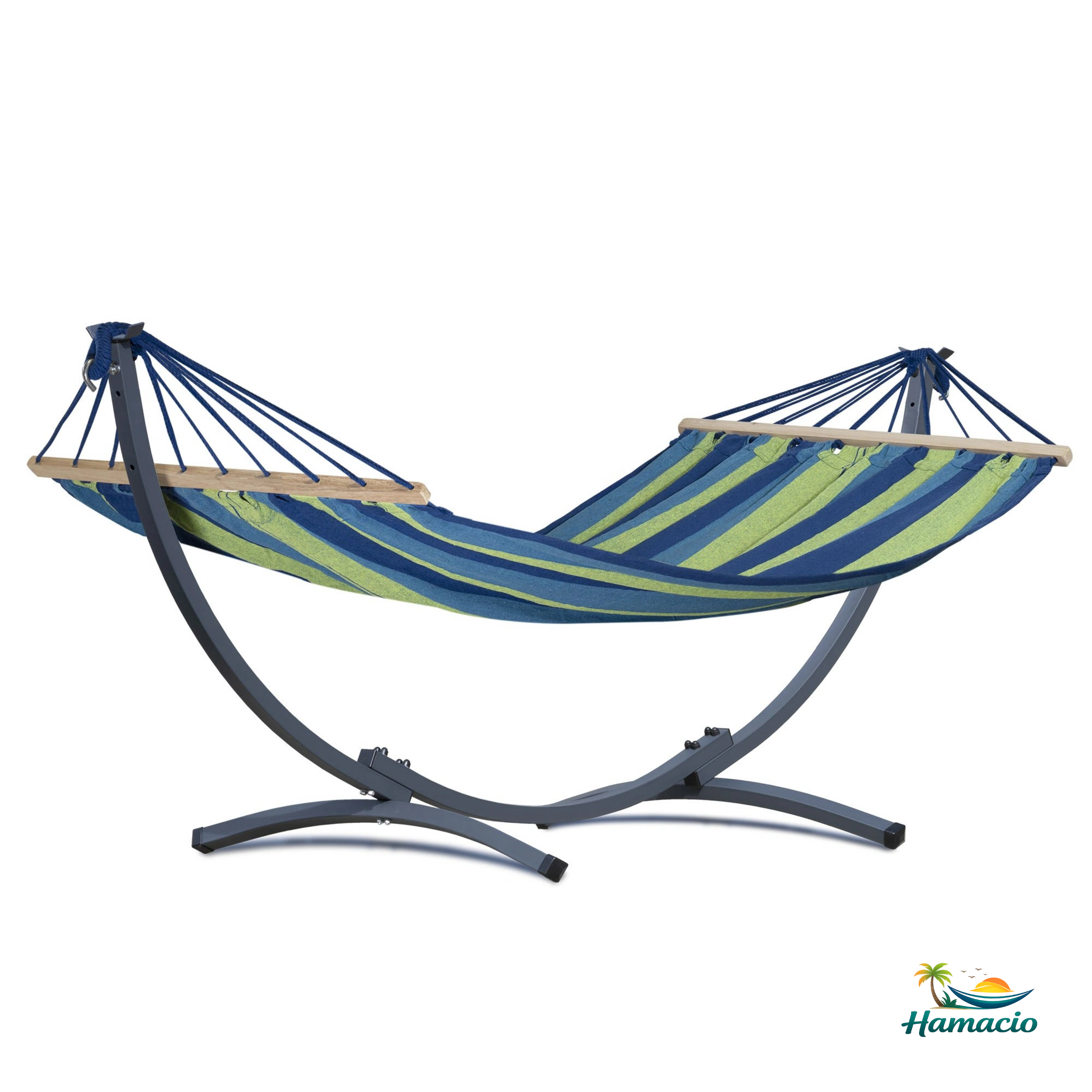 Hamac sur pied vert , modèle Solero de Hamacio avec un support gris graphite.
