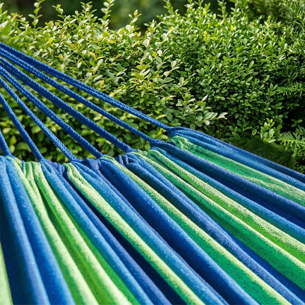 Hamac vert et bleu horizonte, dans un jardin lumineux.