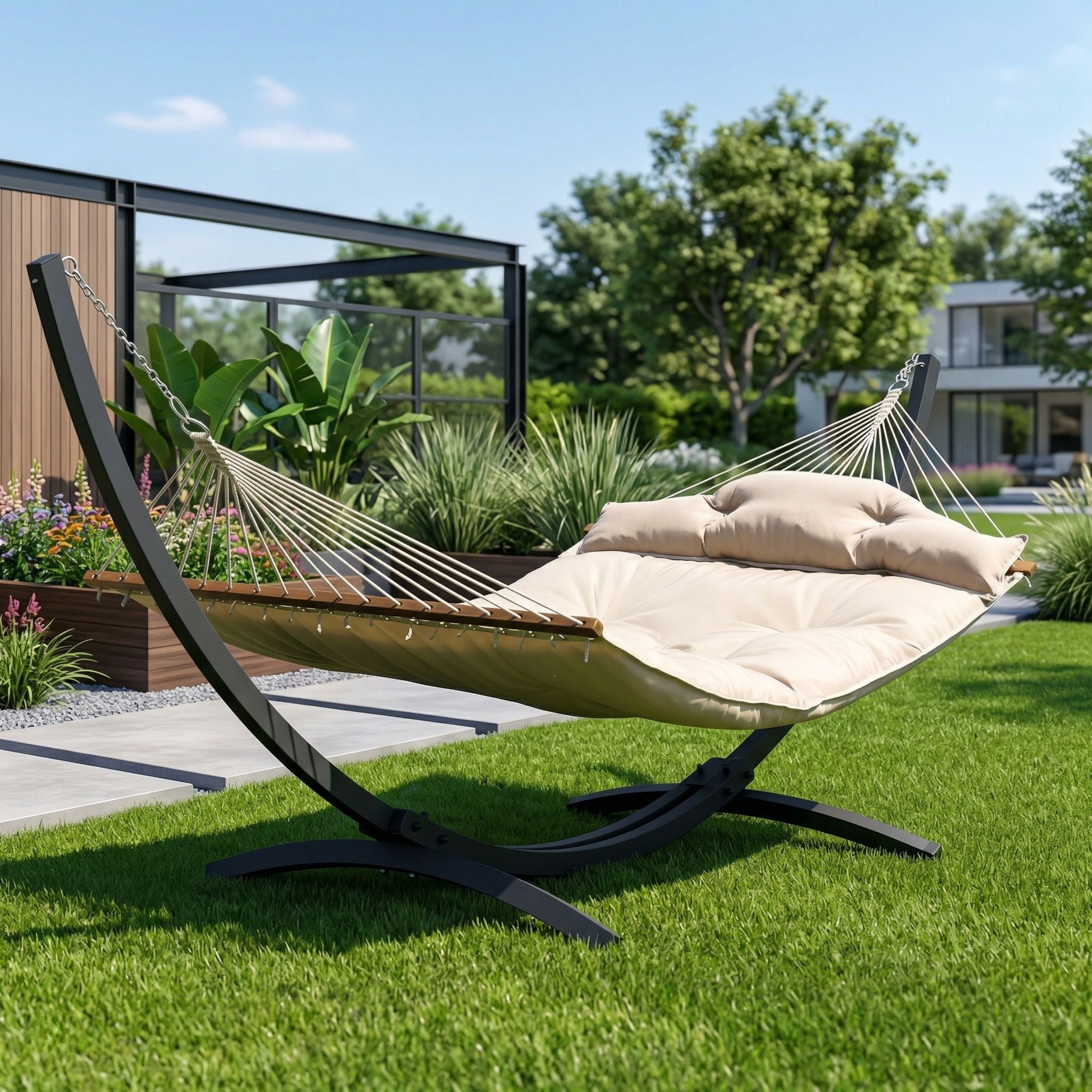 Hamac sur pied beige XL, modèle Aura, dans un jardin de maison moderne et ensoleillé